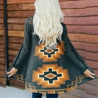 Дамски западен етнически печат ретро ежедневни ацтекски печат с дълъг ръкав риза жилетка Топ палто, поставен дълъг кардиган пуловер Женски пуловери за гамаши есен