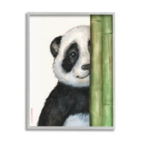 Ступел индустрии панда мечка надничане около бамбук усмихнати животински живопис сива рамка изкуство печат стена изкуство, дизайн от Джордж Дяченко