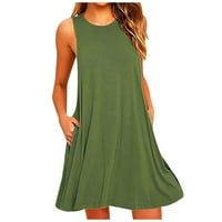 Рокли за жени плюс размер женски джобни екипаж на врата слънчева рокля без ръкави солидна средна дължина покритие на покрития зелени m
