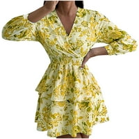 Рокля с дълъг ръкав за жени- модна есенно отпечатано причинно-следствено v-образно деколте Cuasal дълъг ръкав Пуловер удобна рокля Жълта m