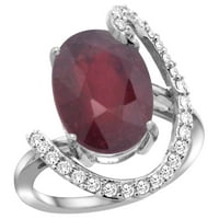 14K бяло злато естествено подобрено рубинено пръстен овален диамантен акцент, широк, размер 9.5