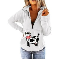 Женските ризи падат модни ризи с дълъг ръкав есен зимен крава печат v-образен цип с цип дълги ръкави върхове пуловер блуза суичъри