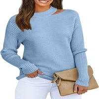 Женски изрязване на халав с дълъг ръкав от рамо оребрена плетена свободна ежедневна пуловер пуловер