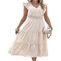 Дамски Суинг рокли без ръкави миди рокля ръкава кафтан в врата млечен ШЛ