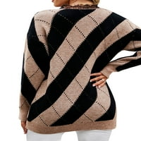 Жени контрастни цветни плетени дантела v шия дантела с дълъг ръкав кариран пуловер отгоре
