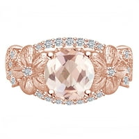 2. Карат кръгла форма Симулиран морганит и естествен диамант Флорален сватбен пръстен комплект 14K Малка розов златен пръстен Размер-8