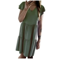 Дамски плюс размер рокля небрежно удобна висока талия кръг в шия солиден цвят късо ръкав рокля зелено 8