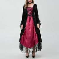 Ткинг модни рокли за Хелоуин за жени готически ренесансови рокли с дълъг ръкав бандаж дантелени макси рокли вино xl