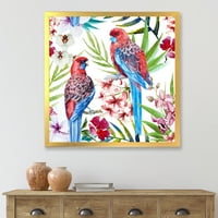 Дизайнарт 'Розела Птици, Седящи На Цветя Клон Дърво' Традиционна Рамка Арт Принт