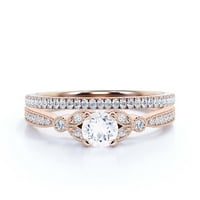 Булчински Комплект 2. Карат кръг нарязани диамант моасанит годежен пръстен, съвпадение венчална халка в Стерлингово Сребро с 18К розово злато покритие, лист пръстен, подарък за нея, обещание пръстен, подарък за