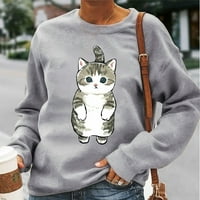 Дамски дълъг ръкав горен небрежен разхлабена блуза тениски o-обед на животинска котка суичър със сив L