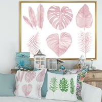 Дизайнарт ' Тропически Розови Акварелни Листа Върху Бяло И Изтъркан Шик Рамка Платно Стена Арт Принт