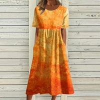 Летни рокли за жени, отпечатани със средна дължина a-line късо ръкав за свободното време кръгло деколте рокля оранжево XL
