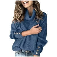 Женски бутон за пуловери за костенурка с дълъг ръкав отпуснат плетен пуловер върхове качулки с предния джоб син m