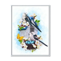 Дизайнарт 'две синигери, седящи в близост до гнездото с яйца и бели цветя' традиционна рамка платно за стена арт принт