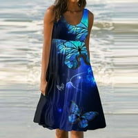 Дамски летни рокли за жени парти свободна рокля с къс ръкав слънце масивно мини в-врат синьо л