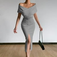 Летни рокли за жени с къс ръкав твърд темперамент на глезена Дължина обвивка извън рамото рокля сиво xl