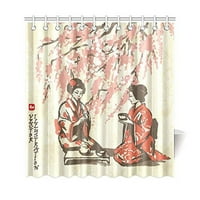 Традиционни японски момичета като чай завеса за душ, Пролет ориенталски черешови цветове клони полиестерна тъкан душ завеса комплекти за баня с куки