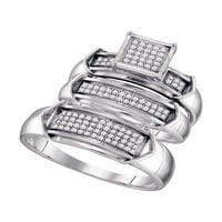 Солидна стерлингова сребро, неговата и нейната кръгла диамантен клъстер съвпадаща двойка три пръстена булчински годежен пръстен сватбени ленти комплект CT. -