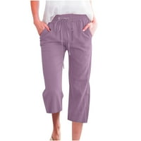 Женски случайни летни панталони панталони памучни бельо еластично талия товар пасищ твърд цвят теглене широки панталони за крака