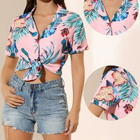Дамски летни върхове отпечатани ризи и блузи за жени Boho Leaf Beach ризи ежедневни копчета за копче за блуза с блуза с розови м