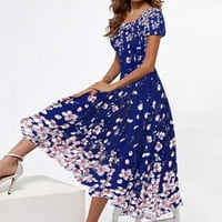 Дамски рокли с къс ръкав отпечатани ежедневни средно дълги а-линия лято площад деколте рокля синьо 3хл