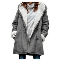 Жени зима плюс размер солиден плюс кадифено палто с дълъг ръкав рог джоб джобно палто, сиво