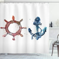 Морска илюстрация на котва и волан акварели пръски мастило четка ефекти, водоустойчив полиестер завеса за душ с куки Розово синьо