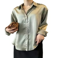 Дамски блузи дълъг ръкав блуза Ревера врата ризи ежедневни туника риза бутон надолу Тъмно синьо 2ХЛ