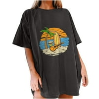 Дамски върхове и блузи са подходящи за късо ръкав плаж флорални отпечатани ежедневни тениски тениска тъмносив L летен просвет