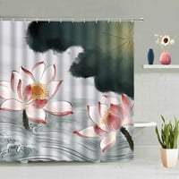 Розов лотос душ завеса комплект мастило акварелен цвят цветя растения зелени листа вана декор екрани миещи се висящи завеси
