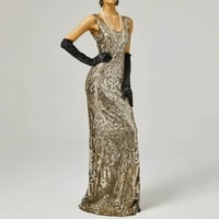 Pxiakgy женска винтидж рокля рокля без ръкави 1920 -те пайети за парти лека вечерна рокля дълга тънка рибена пола злато+l