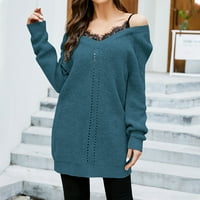 Aufmer дълъг ръкав за жени падане просвет твърд обикновен дълъг ръкав v-образно капка раменна дамска тениска мода разхлабена пуловер върхове блуза плетен пуловер